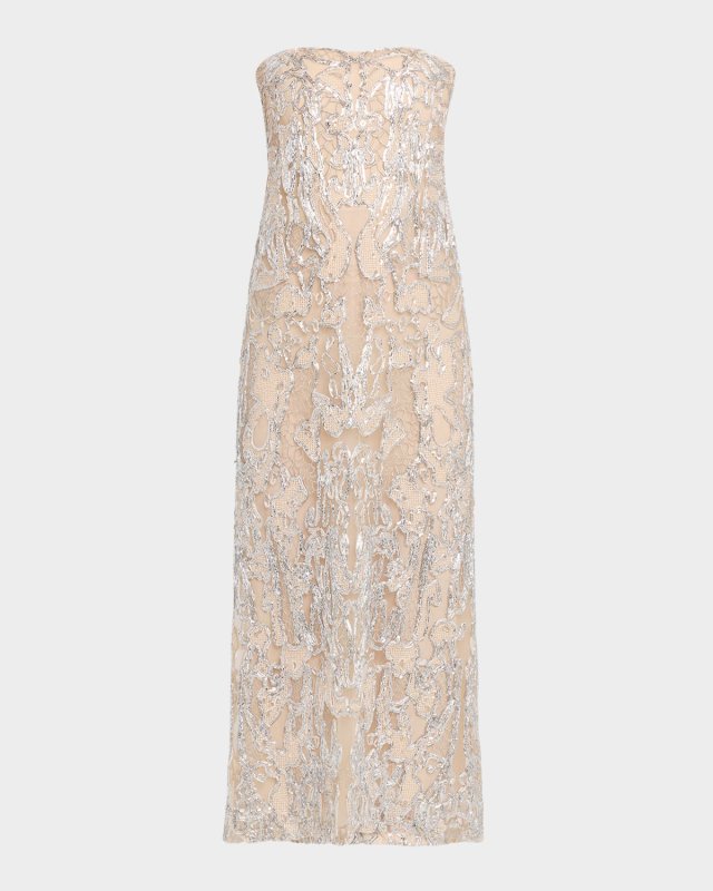 Strapless Embroidered Column Gown